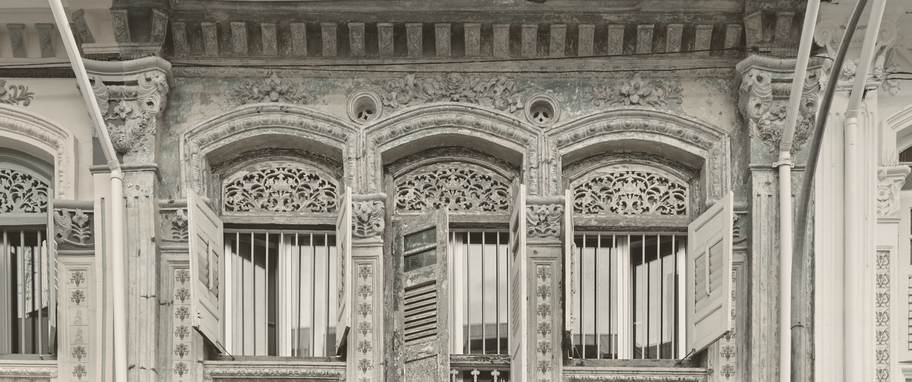 Ornate conserved shophouse façade detail, Singapore